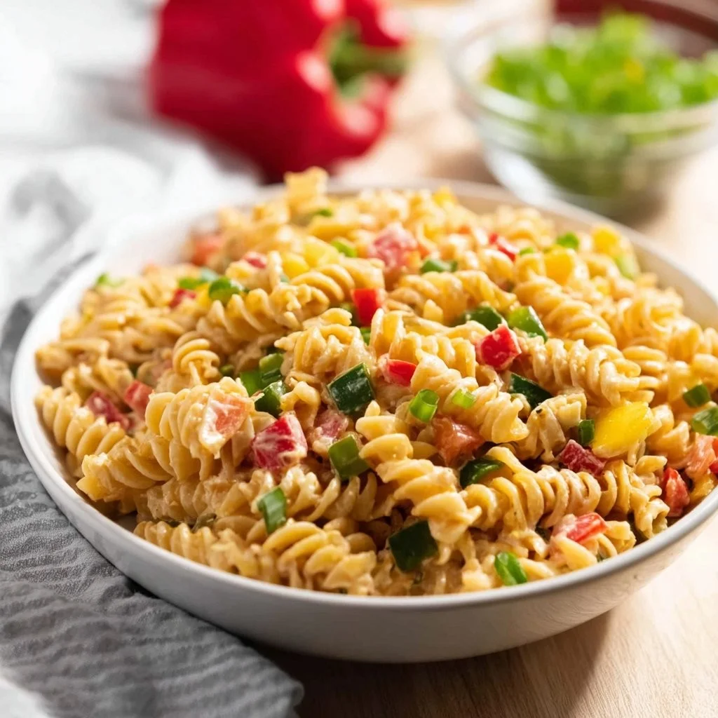 Delicious Taco Pasta Salad with vibrant vegetables and flavorful dressing.