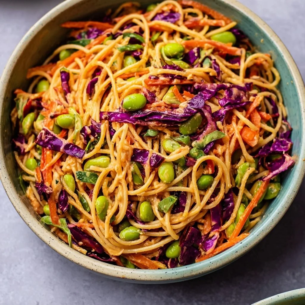 Delicious Thai Peanut Pasta Salad with colorful veggies and creamy peanut dressing