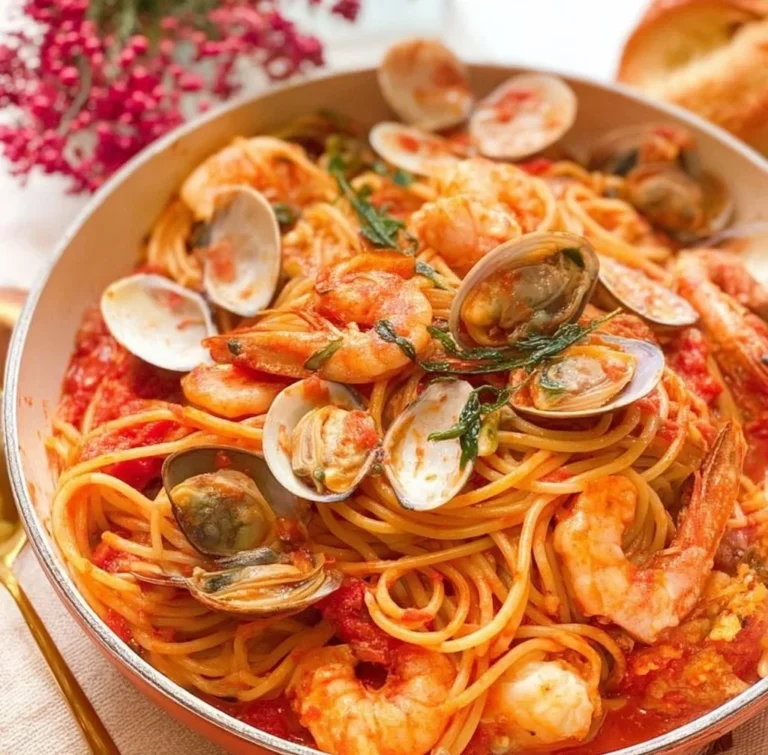 Plate of delicious seafood pasta with shrimp and mussels in a rich sauce