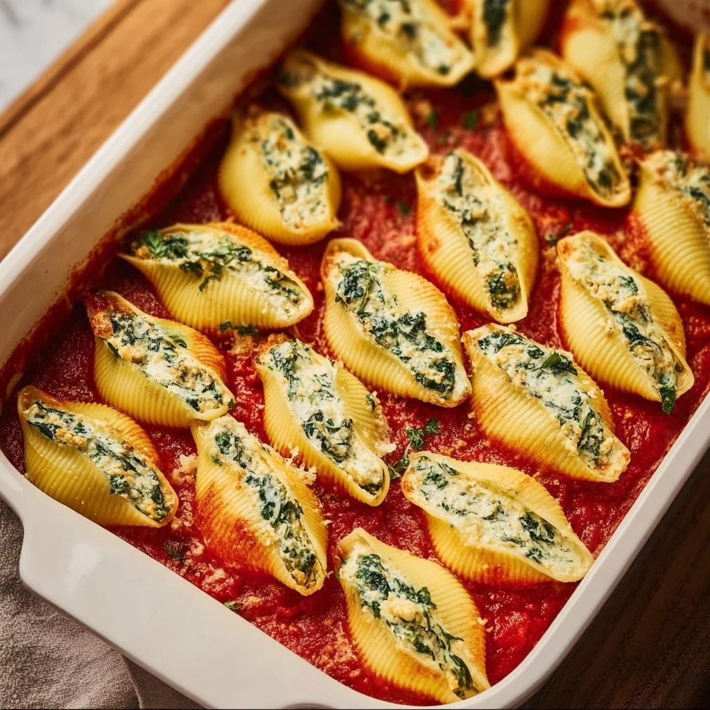 Baked tofu ricotta stuffed shells with spinach and marinara sauce
