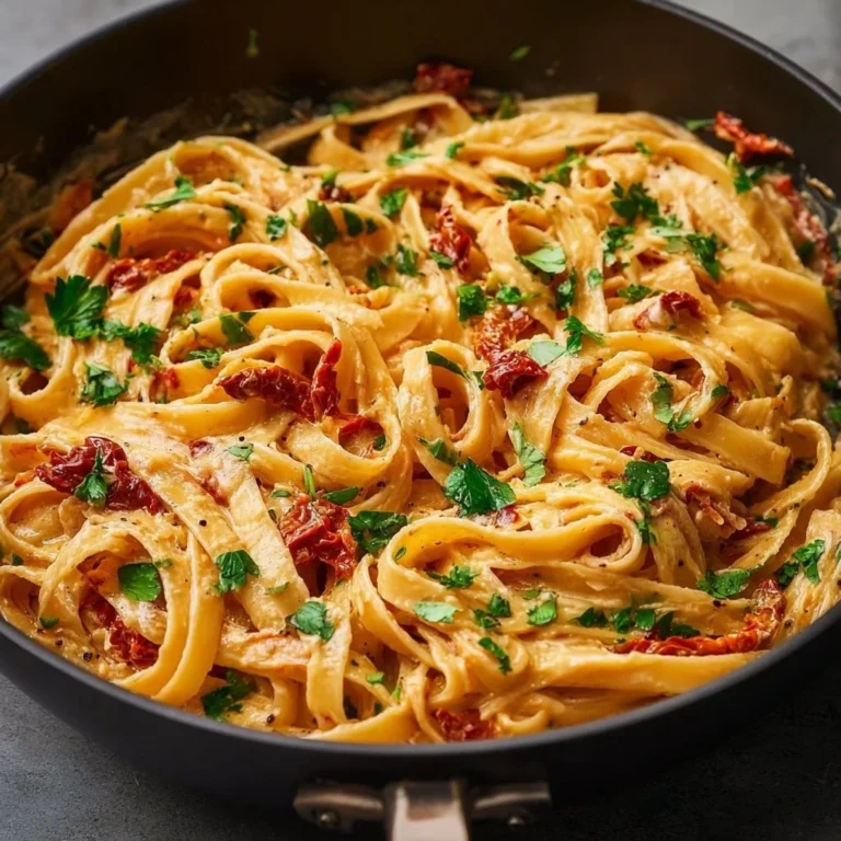 Vegan creamy sun dried tomato pasta served in a bowl with fresh herbs