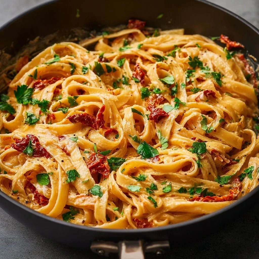 Vegan creamy sun dried tomato pasta served in a bowl with fresh herbs