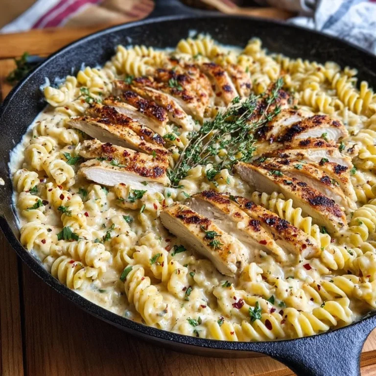 Creamy white cheddar chicken pasta garnished with herbs in a bowl.