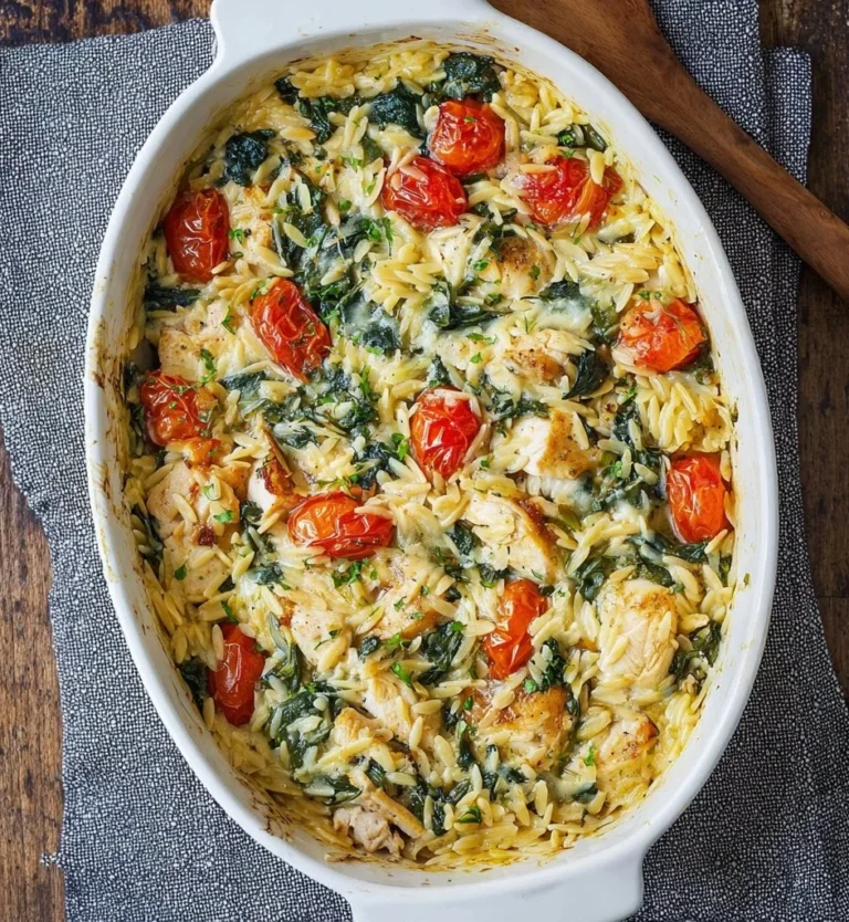 Delicious Chicken Orzo Bake with tender chicken and flavorful orzo