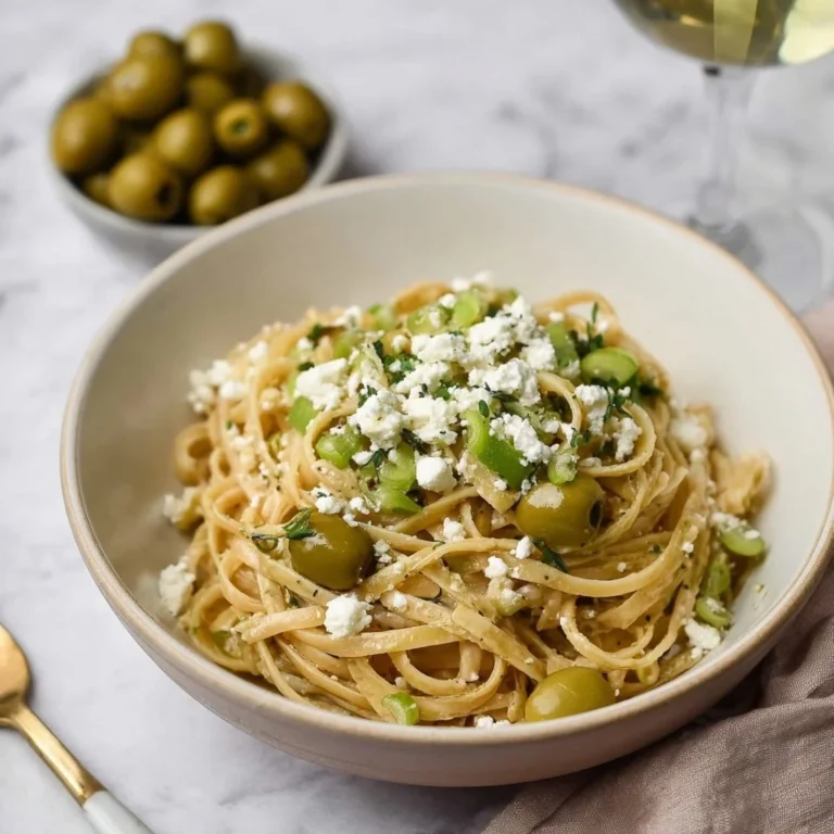 Plate of Dirty Martini Pasta garnished with olives and herbs.