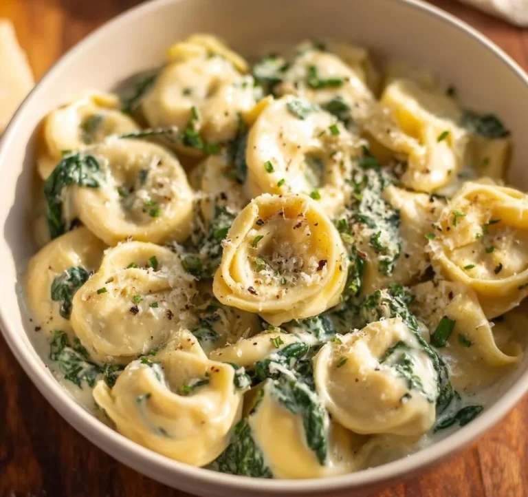 One Pot Spinach Artichoke Tortellini served in a bowl with fresh herbs.