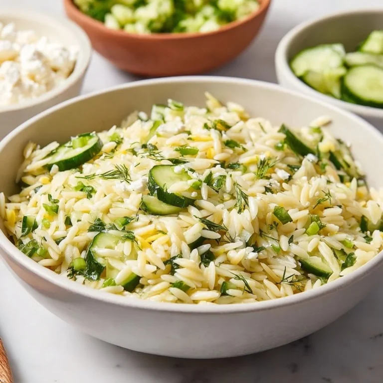 Delicious Orzo Salad with Cucumbers and Feta cheese plated beautifully.