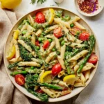 Delicious Pasta Primavera with colorful vegetables and pasta on a plate.