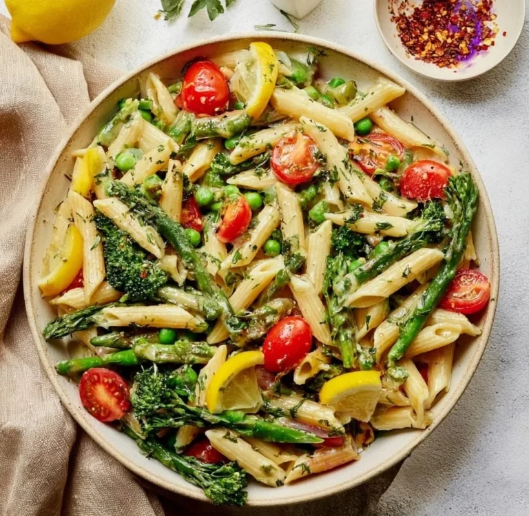 Delicious Pasta Primavera with colorful vegetables and pasta on a plate.