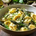 Pasta served with lemon cream sauce and colorful spring vegetables