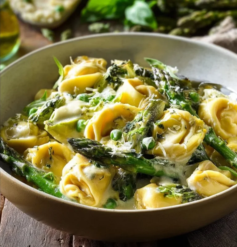 Pasta served with lemon cream sauce and colorful spring vegetables