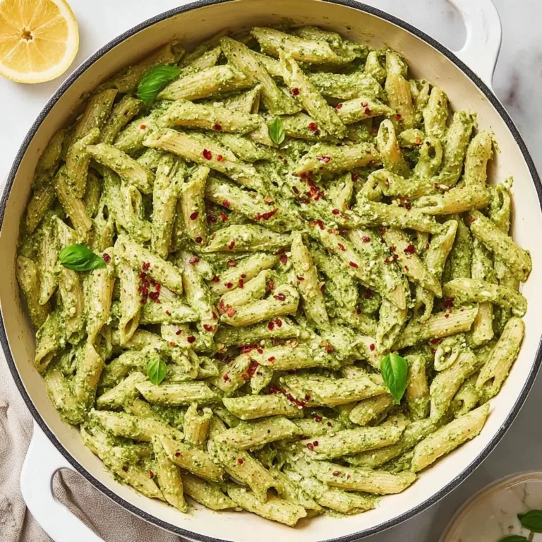 Bowl of creamy pesto ricotta pasta topped with fresh basil and grated parmesan.