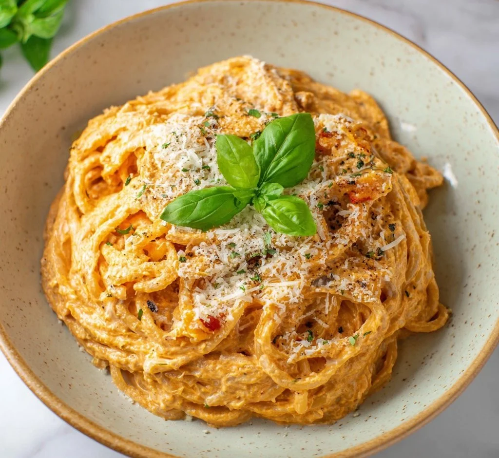 Roasted tomato and garlic ricotta pasta topped with fresh herbs