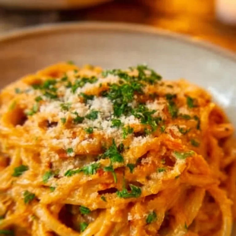 Creamy roasted eggplant and tomato pasta in a bowl garnished with herbs.