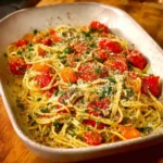 Creamy vegan pesto pasta topped with roasted cherry tomatoes in a bowl