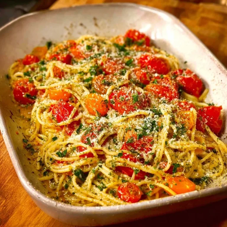 Creamy vegan pesto pasta topped with roasted cherry tomatoes in a bowl