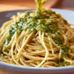 Delicious spaghetti with garlic and oil topped with parsley