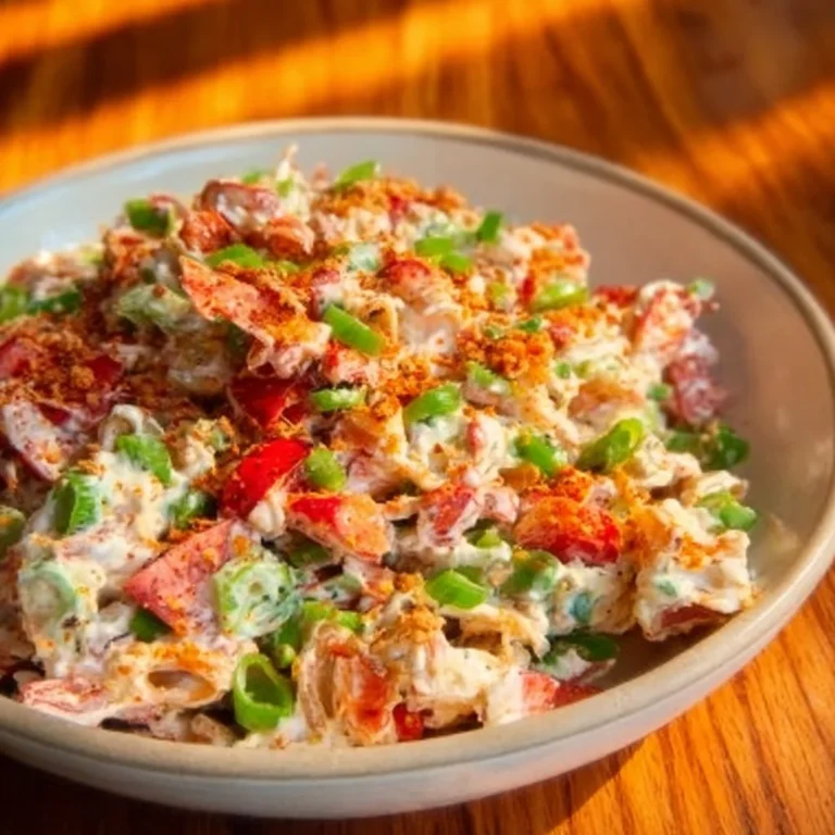 Spicy Crispy Pasta Salad with Chili Crisp Yogurt Dressing served in a bowl