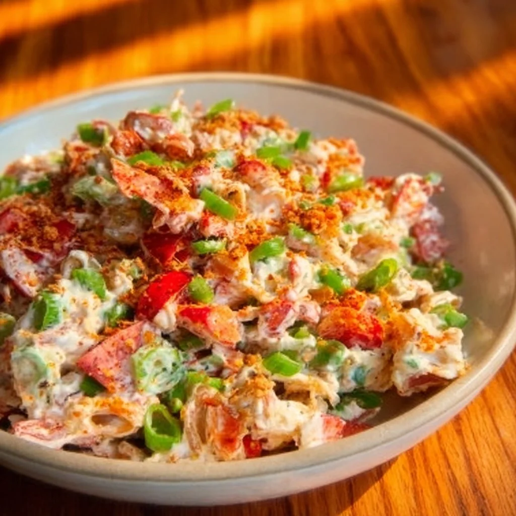 Spicy Crispy Pasta Salad with Chili Crisp Yogurt Dressing served in a bowl